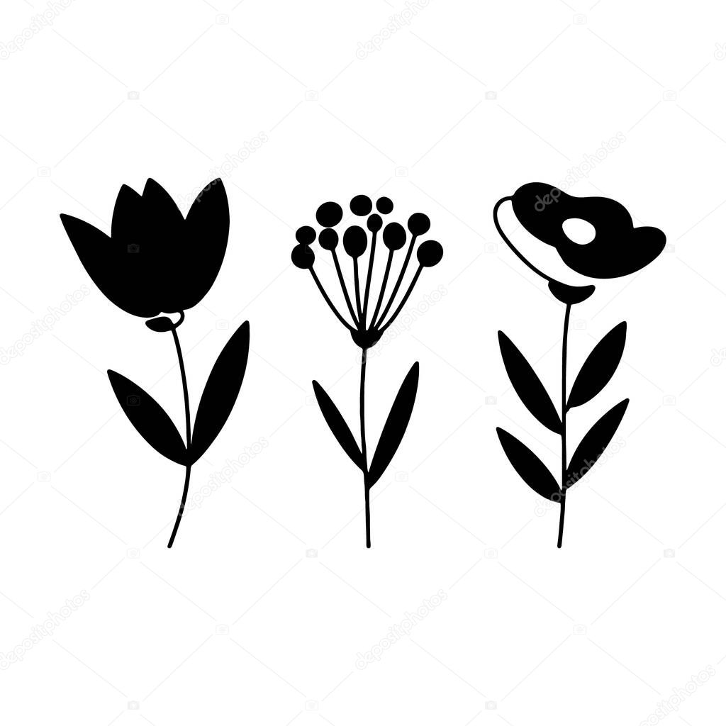 Three rich black floral silhouettes for a modern and stylish design. Great for prints, logos and labels.