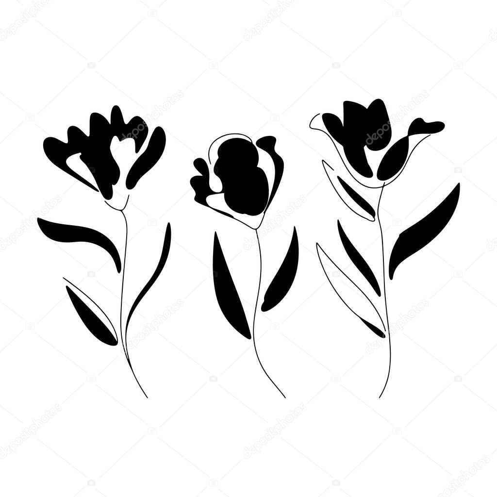 Black floral illustrations with white accents create a striking style. Suitable for brands, posters, fashion decor.