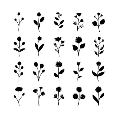 Siyah mürekkepli küçük çiçek simgelerinden oluşan simetrik bir desen. Arka plan, parmak izi ve kumaş tasarımı için ideal..