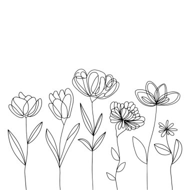 Yuvarlak taç yaprakları ve kabataslak hatlarıyla detaylı bir çiçek kompozisyonu, posterler, damgalama ve kadınsı görseller için uygun..