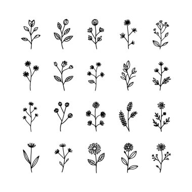 Sıraya dizilmiş siyah çiçekli motiflerin geçmişe dönük bir koleksiyonu ambalaj, markalaşma ve arka plan için idealdir..