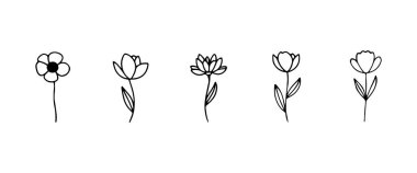 Kapalı çiçek desenleri ve temiz sapları olan minimalist bir çiçek seti zarif ambalajlar ve yumuşak dekoratif desenler için idealdir..