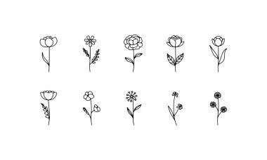 Yuvarlak taç yaprakları ve ince gövdeleri olan basit çiçek ikonlarından oluşan temiz bir ızgara desenler, dijital kullanım ve botanik markalaşma için mükemmel..