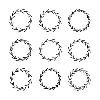 Temiz botanik çizgileri olan simetrik çiçek çelengi, minimal logolar, düğün kırtasiyesi ve modern tasarım için mükemmel..