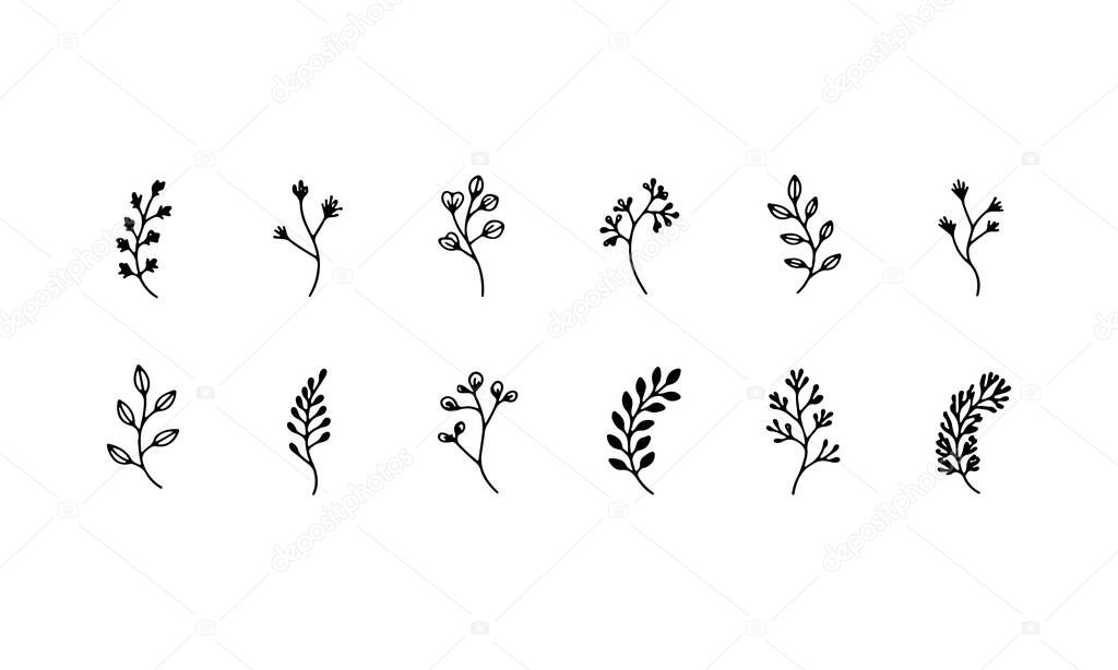 Striking group of black floral silhouettes with vibrant leaves and clean shapes, perfect for logos, posters and minimalist graphic compositions.