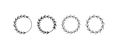 Çiçek elementleri ve botanik çekiciliğiyle doğal tasarım için ince dairesel bir ana hatla zarif bir çelenk çizimi.