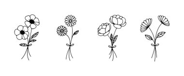 Yumuşak çiçek yaprakları ve botanik tarzında elle çizilmiş yaprakları olan küçük kır çiçekleri..