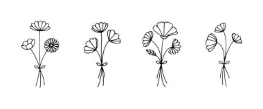 Hafif çiçekli şık botanik buketler, yumuşak saplar ve ince çizgiler..