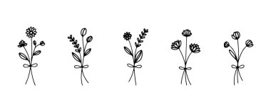 Çiçek buketi, çiçek açan taç yaprakları ve botanik elementler yumuşak minimal stilde..