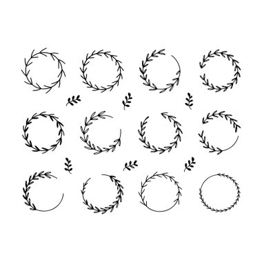Zarif bir şekilde el yapımı yapraklı dallar ve dairesel çerçeveler koleksiyonu, davetiyeler, logolar, ambalajlar ve doğa temalı tasarım için mükemmel..