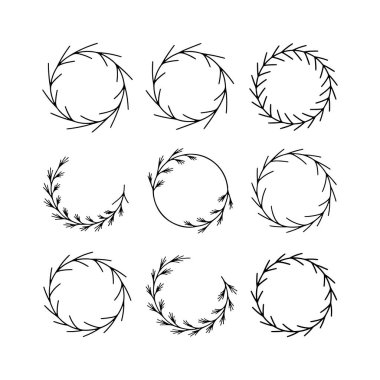 Botanik Çizgisi Sanatı, zarif doğrusal tarzda, logolar ve davetiyeler için harika, minimalist yapraklardan yapılmış 9 adet el çizimi dairesel çelenk içerir..