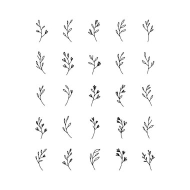 Özyinelenen el yapımı dal ve yaprakların derlemesi düzenli şebekeler halinde düzenlenmiş, kusursuz desenler ve tekstil tasarımı için ideal.