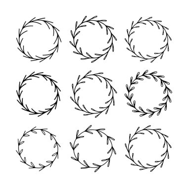 Botanik Çizgisi Sanatı, zarif doğrusal tarzda, logolar ve davetiyeler için harika, minimalist yapraklardan yapılmış 9 adet el çizimi dairesel çelenk içerir..