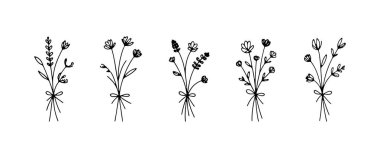 Yumuşak Botanik Buketi, havadar bir şekilde yapraklar ve güzel çiçeklerle el çizimi minimum bir düzenleme sunar..