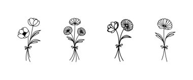 Basit kır çiçeği demetleri büyüleyici kırsal tarzda ve detaylı mürekkep çizgileriyle.