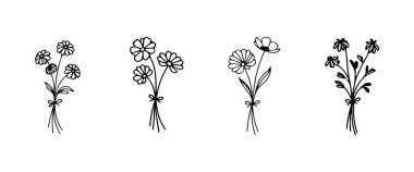 Kıvrımlı taç yaprakları ve yumuşak saplı stilize çiçeklerin yer aldığı zarif buketler..