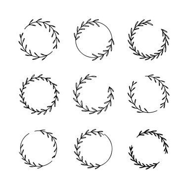 Botanik Dairesel Çelenk ince bir çizgi dizaynında yaprakları ve dalları olan küçük yuvarlak bir botanik çerçeve gösteriyor..