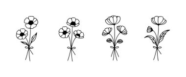 Basit kır çiçeği demetleri büyüleyici kırsal tarzda ve detaylı mürekkep çizgileriyle.