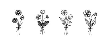 Kıvrımlı taç yaprakları ve yumuşak saplı stilize çiçeklerin yer aldığı zarif buketler..