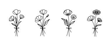 Kıvrımlı taç yaprakları ve yumuşak saplı stilize çiçeklerin yer aldığı zarif buketler..