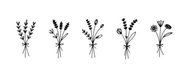 Bu sanat eserinde ince çizgilerle ve zarif bir taslakta botanik elementlerle küçük bir çiçek buketi var..