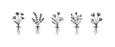 Bu illüstrasyon, zarif çizim ve zarif taç yaprağı şekilleriyle yumuşak bir el çizimi şeklinde romantik bir buket sunar..