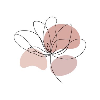 Yumuşak pembe ve bej soyut şekiller üzerinde tek satırlık eğlenceli bir çiçek çizimi, davetiyeler, baskılar ve dekorasyon için harika..