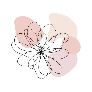 Tek bir çizgide çizilmiş zarif bir çiçek ve modern duvar sanatı ve dijital kullanım için ideal yumuşak ve soyut şekillerle birleştirilmiş..