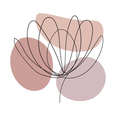 İnce çizgi yaprakları ve katmanlı soyut allık arkaplanı olan ayrıntılı bir çiçek çizimi.