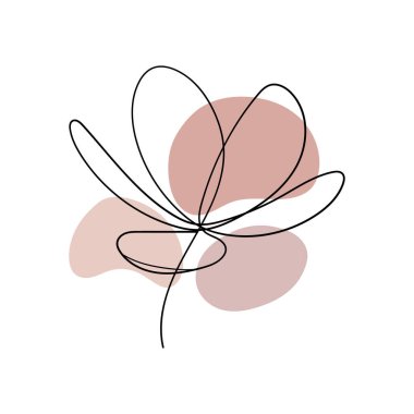 Basit bir çiçek çizimi, iki geniş taç yaprağı, temiz, sürekli çizgi ve yumuşak kırmızımsı şekiller..