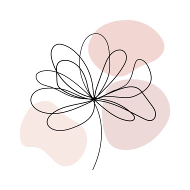 Yumuşak pembe ve bej soyut şekiller üzerinde tek satırlık eğlenceli bir çiçek çizimi, davetiyeler, baskılar ve dekorasyon için harika..