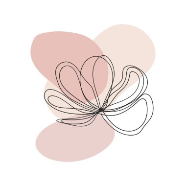Yumuşak kıvrımlı, soyut bir çiçek, tek bir çizgide çizilmiş, üst üste binen allık tonlarıyla..