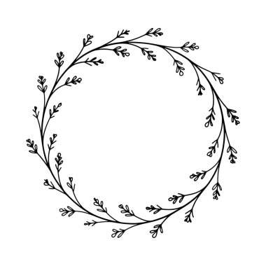 Temiz ve zamansız bir el çizimi tarzında ince yapraklı dallarla yapılmış zarif dairesel bir çerçeve..