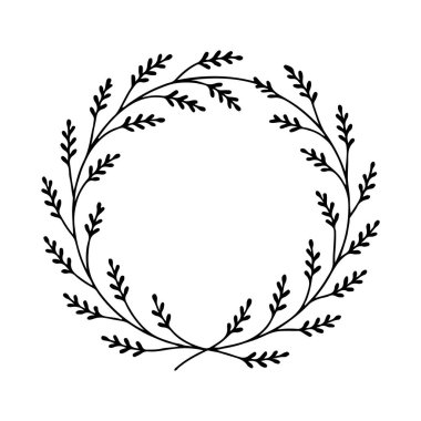 Yuvarlak bir botanik illüstrasyonda el çizimi defne dalları doğal bir bağ ile örtüşüyor..