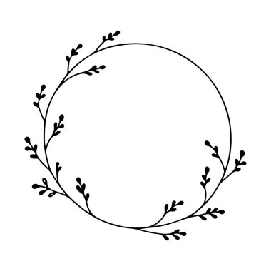 Narin dallardan yapılmış tek bir yuvarlak çelenk hafif ve havadar bir botanik çerçeve oluşturuyor..