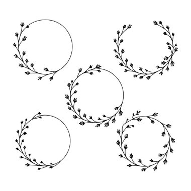 Zarif yapraklı dallardan yapılmış beş el çizilmiş çiçek çerçeveleri..