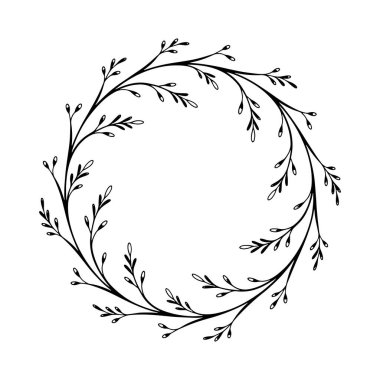 Nazik bir el, kıvrımlı yapraklı dallar ve zarif bir yapıyla yapılmış yuvarlak bir çelenk..