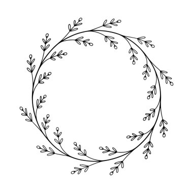 İnce dallar ve küçük yapraklardan oluşan dairesel bir botanik çerçeve, davetiyeler, logolar veya zarif kırtasiyeler için idealdir..