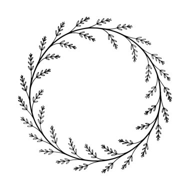 İnce dalları ve küçük yaprak detayları olan zarif, yuvarlak bir botanik çelenk. Düğün kırtasiyesi ya da markalaşma için mükemmel..