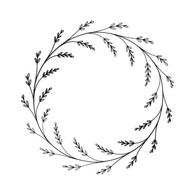 Yumuşak dallar ve ince yapraklardan yapılmış hassas dairesel bir botanik çerçeve. Davetiyeler, tebrik kartları veya ince logolar için ideal..