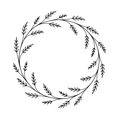 Eşit aralıklı yaprakları ve dengeli kompozisyonu olan uyumlu bir botanik çember çerçevesi, resmi düzenler için mükemmel..