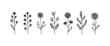 Dengeli şekilleri, uzun sapları ve yapraklı aksanları olan şık bir çiçek ikonu dizisi..