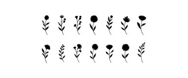 Temiz sapları, yuvarlak yaprakları ve organik yaprak detaylarıyla çeşitli minimalist çiçek siluetleri..