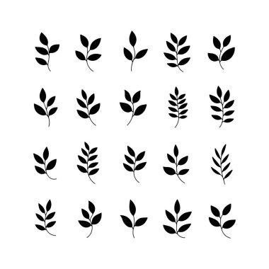 Çeşitli yaprak şekilleri, arka plan veya tekstil desenleri için ideal bir tasarım oluşturan siyah renk şeması ile bir ızgara düzeninde sunulmaktadır..