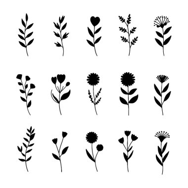 Oval taç yapraklı sadeleştirilmiş çiçek dalları ve en az el yapımı siyah-beyaz zarafet..