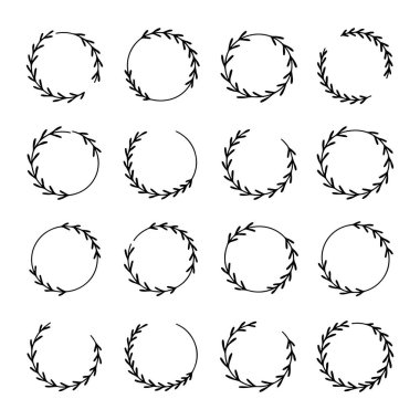 Bu kolleksiyonda el yapımı dairesel çelenklerin çeşitli boyutları gösteriliyor. Hassas yaprak desenleri, el yapımı ve dekorasyon için mükemmel..