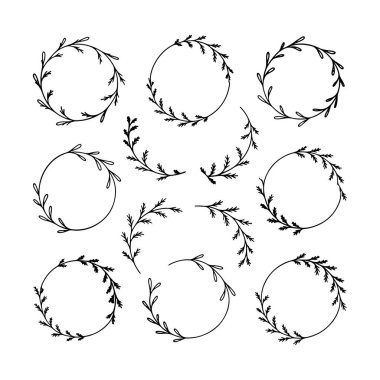 Yaprak ve gövde desenleri içeren çiçek desenli bir çelenk koleksiyonu. Davetiyeler, kırtasiye veya sanatsal projeler için idealdir, bu dairesel çerçeveler biraz zarafet ekler.