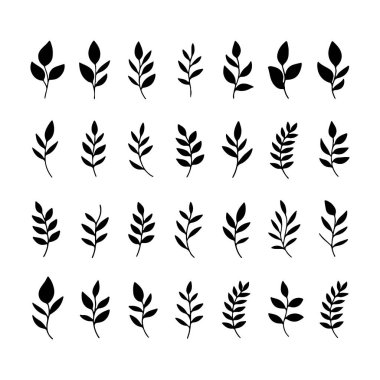 Yaprakların çeşitli siyah siluetleri bir ızgarada sıralanır. Tasarım projelerinde, duvar kağıtlarında ve doğa temalı sanat dekorunda kullanım için mükemmel. Basit ve zarif bir estetik..