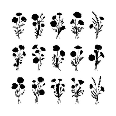 16 çiçekli siluetten oluşan bir koleksiyonda çeşitli çiçek ve bitki sapları sergileniyor. Siyah tasarımlar, sanatsal projeler veya dekorasyon için uygun bir ızgarada düzenlenmiştir..