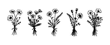 Beş zarif çiçek deseni ayrıntılı çizgi sanatıyla çizilmiş çiçek buketlerini gösteriyor. Her tasarım farklı çiçek türlerine sahiptir, el işi projeleri veya dekorasyon için mükemmeldir..